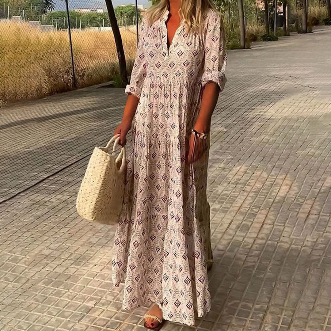 Kendra Robe Maxi Femme – Robe Boho Bleu Clair avec Imprimé & Coupe Confortable