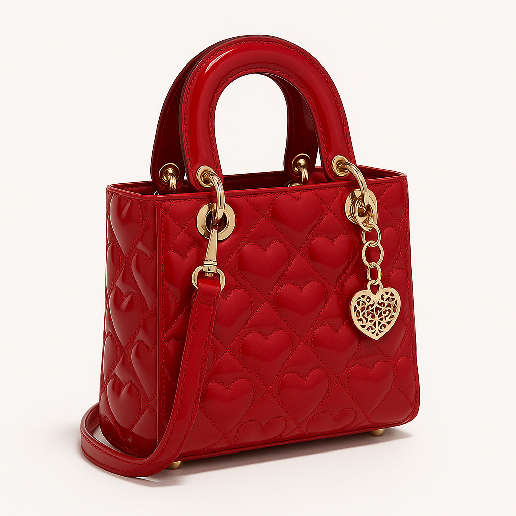 Raelynn Women's Handbag – Mini Quilted Tote in Patent Faux Leather with Heart Pattern & Gold Charm