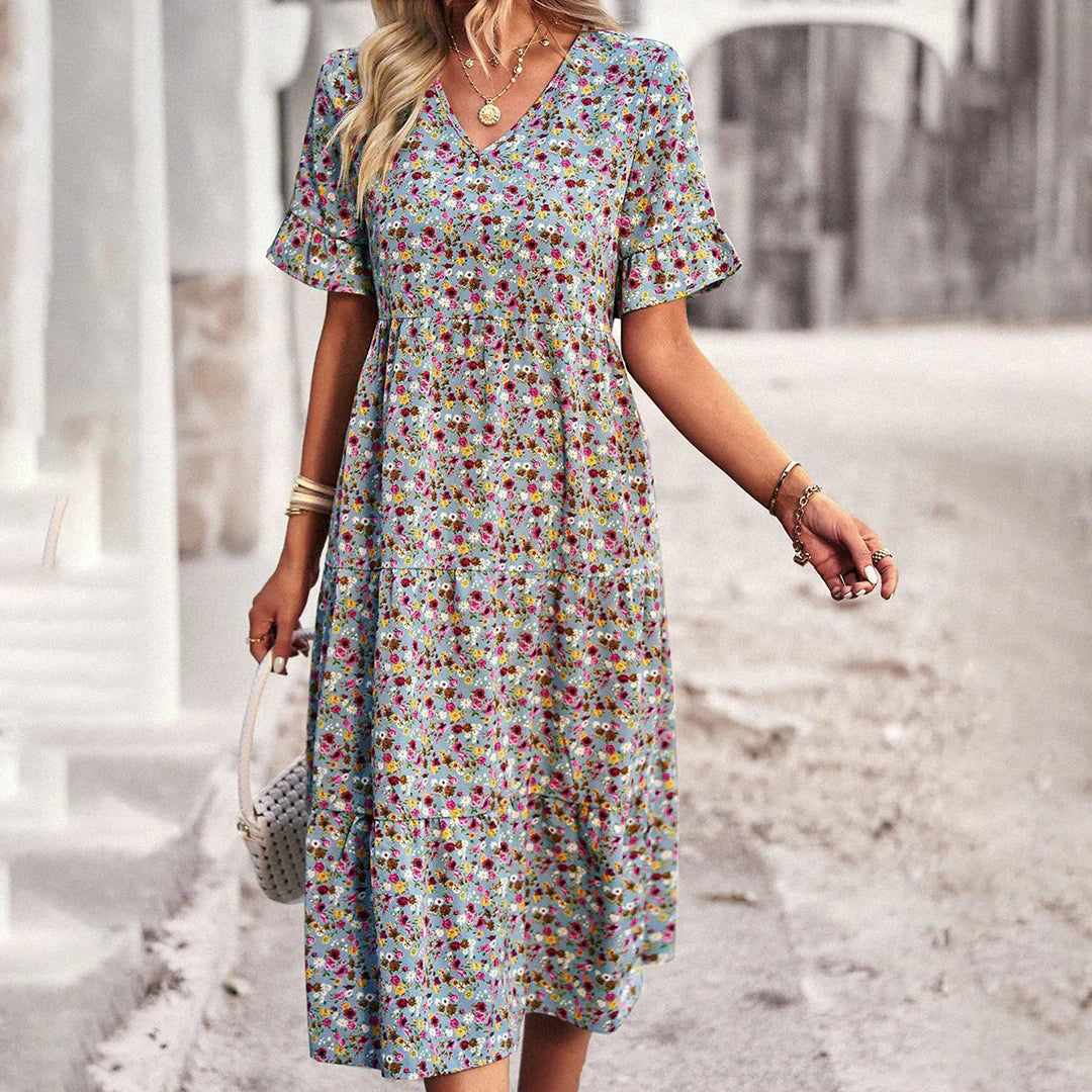 Celia Robe Midi Femme – Robe Fleurie Bohème avec Coupe Légère & Style Élégant