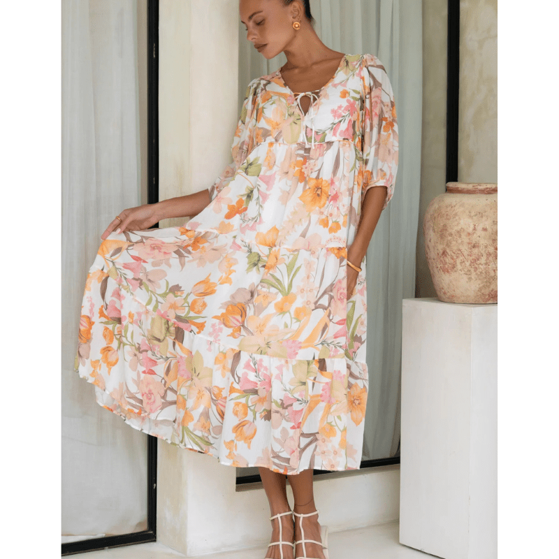 Runa Robe Mi-Longue Looksy – Imprimé Floral & Manches Bouffantes Légères Été