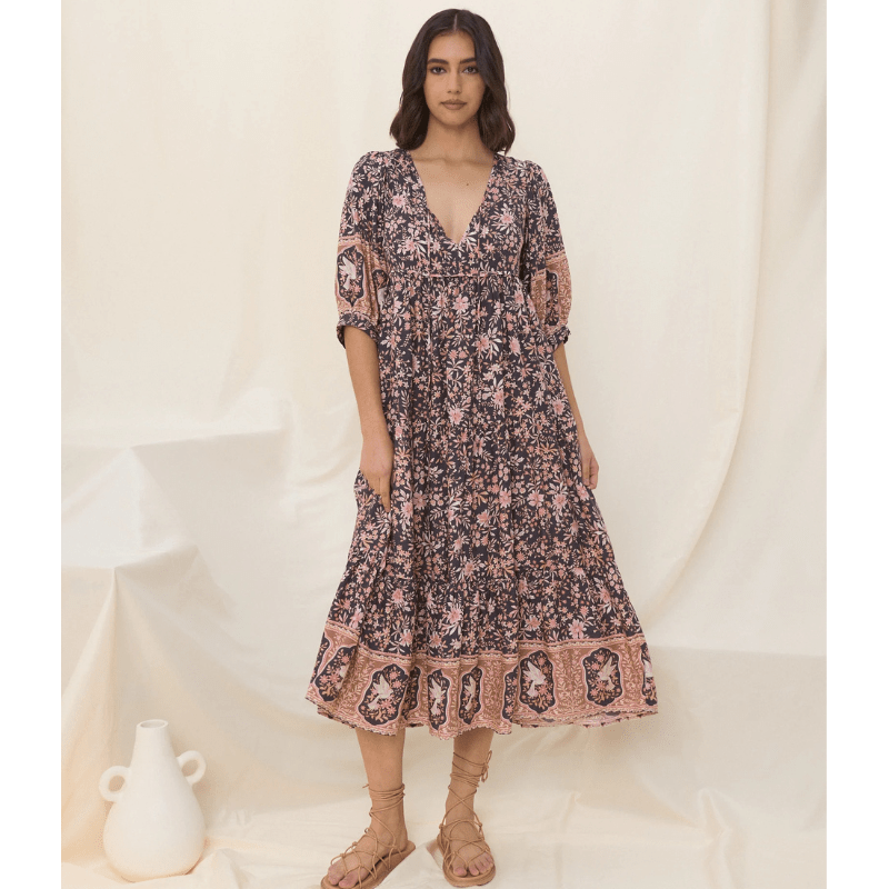 Runa Robe Mi-Longue Looksy – Imprimé Floral & Manches Bouffantes Légères Été