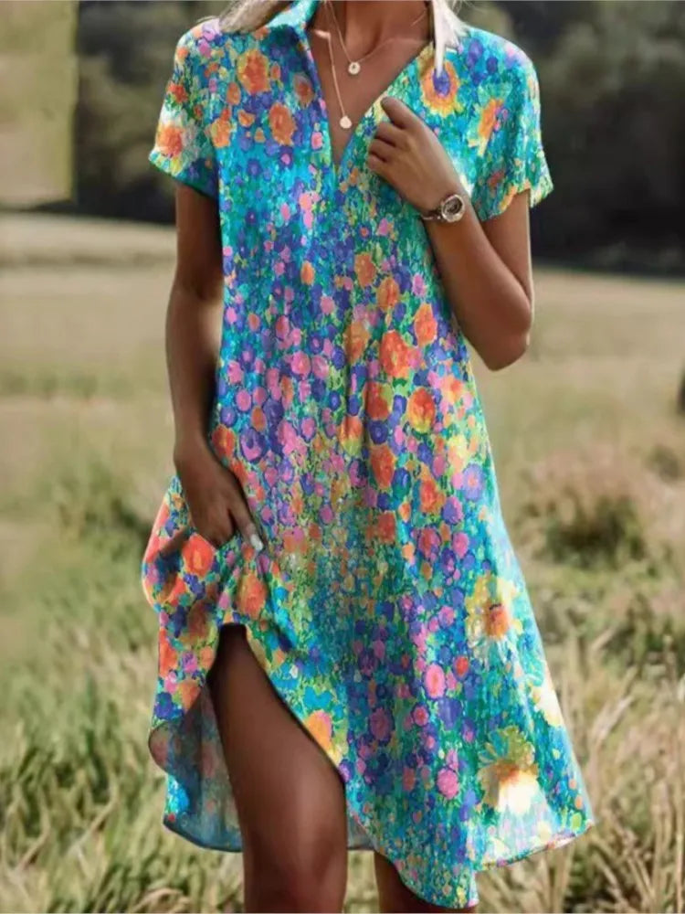 Jeanne Kjole Dame – Elegant kjole med V-hals og knapper, flatterende pasform & tidløst blomsterprint