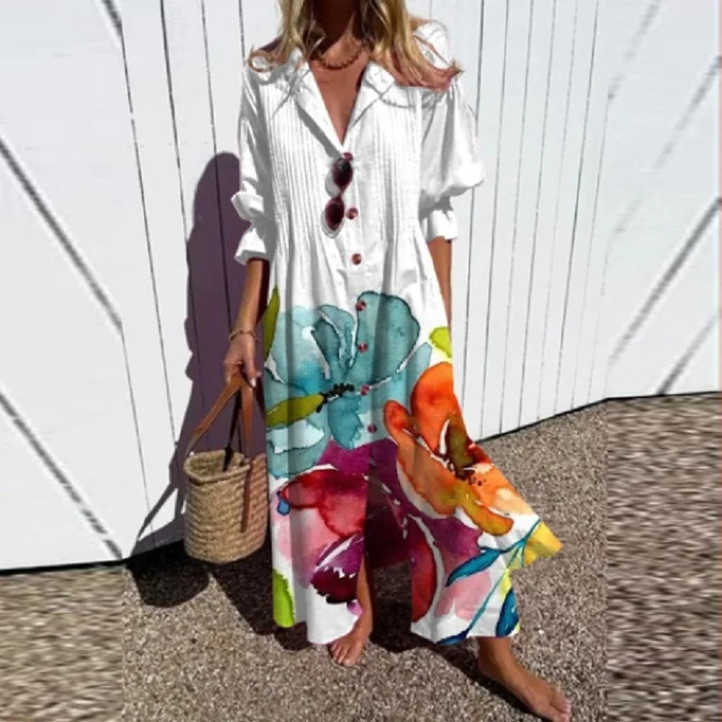 Melissa Robe Longue Bohème Femme – Dyb V-hals, Flydende og Let Silhuet til Sommeren