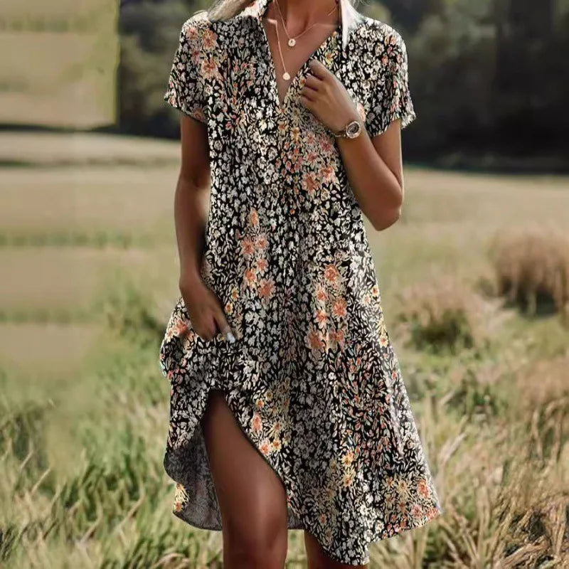 Jeanne Kjole Dame – Elegant kjole med V-hals og knapper, flatterende pasform & tidløst blomsterprint