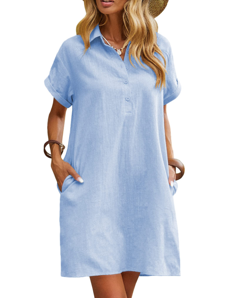 Φόρεμα Raine Robe Chemise Γυναικείο – Φόρεμα Λινό Βαμβάκι Μήκους Μέσης με V Λαιμόκοψη, Κουμπιά, Τσέπες, Casual Chic Καλοκαίρι