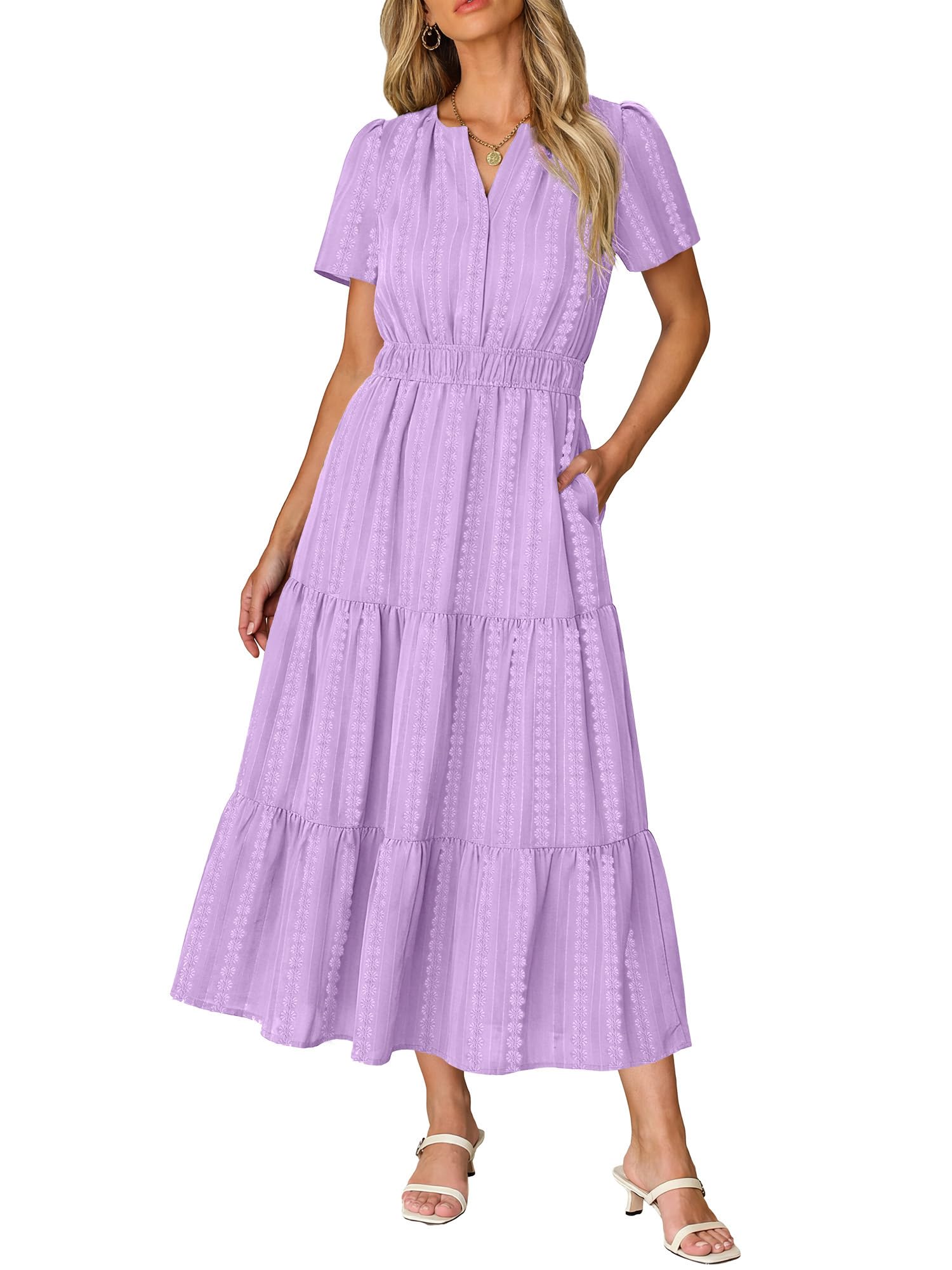 Ruma Damesjurk – V-hals, Korte Mouwen, A-lijn Maxi & Elastische Taille met Zakjes