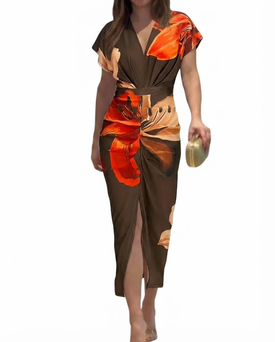 Γυναικείο Ρόμπα Chinee – Βαθύ V Λαιμόκοψη, Midi Bodycon Κοψίματος με Ρυτίδωση & Κομψή Σχίσιμο
