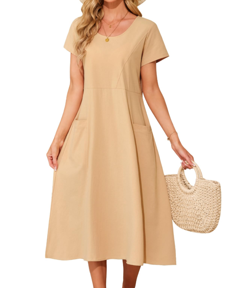Sussie Maxikleid Damen Baumwolle – Sommerkleid mit Rundhalsausschnitt, weiter Schnitt & bequemen Taschen