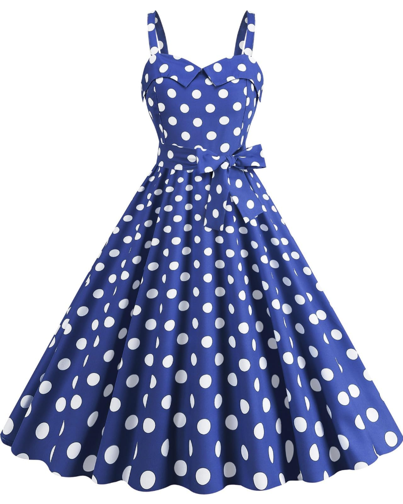 Rosie női ruha – Vintage pöttyös midi ruha V-nyakú, ujjatlan, magas derekú, rockabilly stílusú, elegáns
