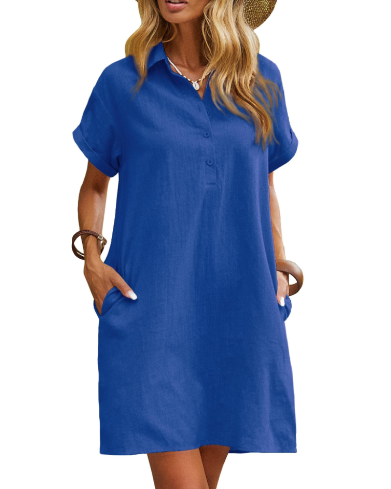 Φόρεμα Raine Robe Chemise Γυναικείο – Φόρεμα Λινό Βαμβάκι Μήκους Μέσης με V Λαιμόκοψη, Κουμπιά, Τσέπες, Casual Chic Καλοκαίρι
