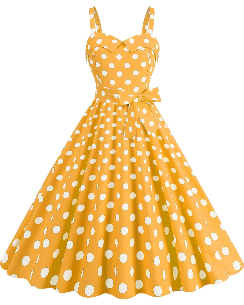 Rosie női ruha – Vintage pöttyös midi ruha V-nyakú, ujjatlan, magas derekú, rockabilly stílusú, elegáns