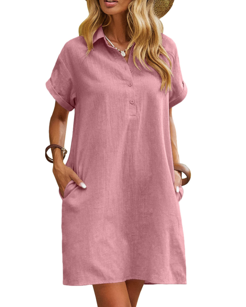 Φόρεμα Raine Robe Chemise Γυναικείο – Φόρεμα Λινό Βαμβάκι Μήκους Μέσης με V Λαιμόκοψη, Κουμπιά, Τσέπες, Casual Chic Καλοκαίρι