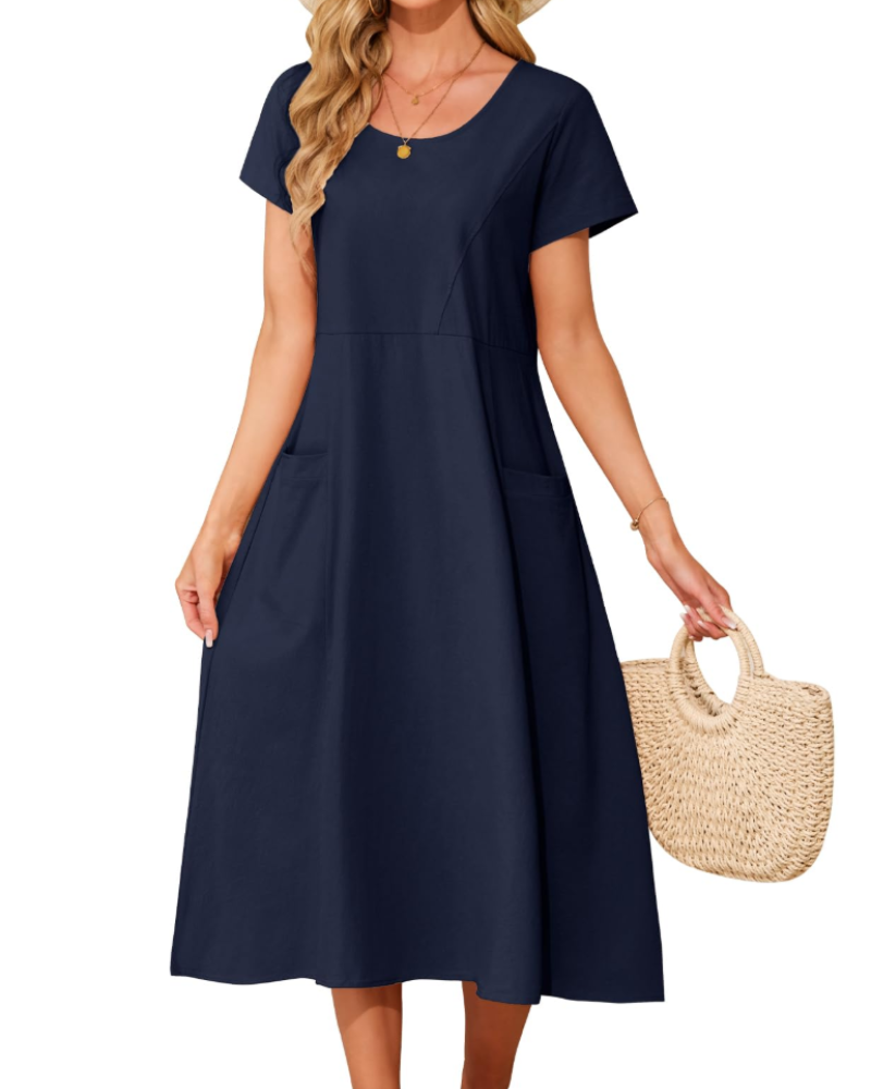 Sussie Maxikleid Damen Baumwolle – Sommerkleid mit Rundhalsausschnitt, weiter Schnitt & bequemen Taschen