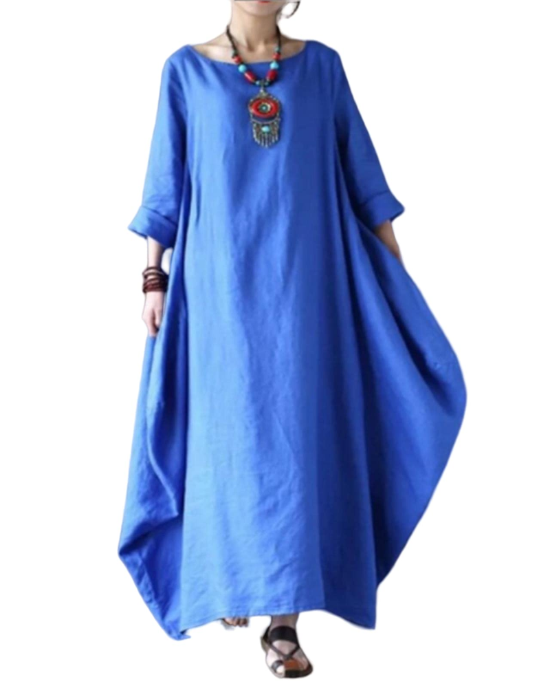Duga pješčana haljina za žene – maxi haljina od pamuka i lana, širokog kroja, okruglog izreza, elegantne 3/4 rukave