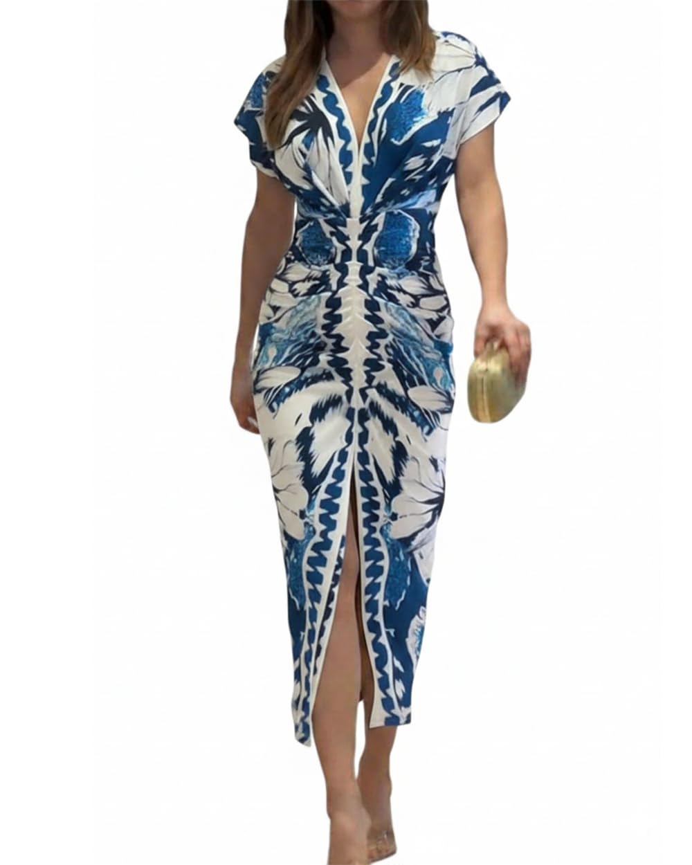 Γυναικείο Ρόμπα Chinee – Βαθύ V Λαιμόκοψη, Midi Bodycon Κοψίματος με Ρυτίδωση & Κομψή Σχίσιμο