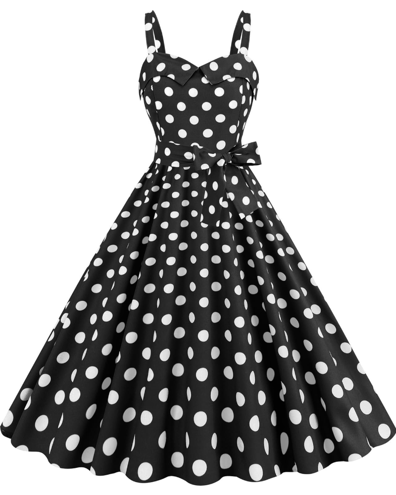 Rosie női ruha – Vintage pöttyös midi ruha V-nyakú, ujjatlan, magas derekú, rockabilly stílusú, elegáns
