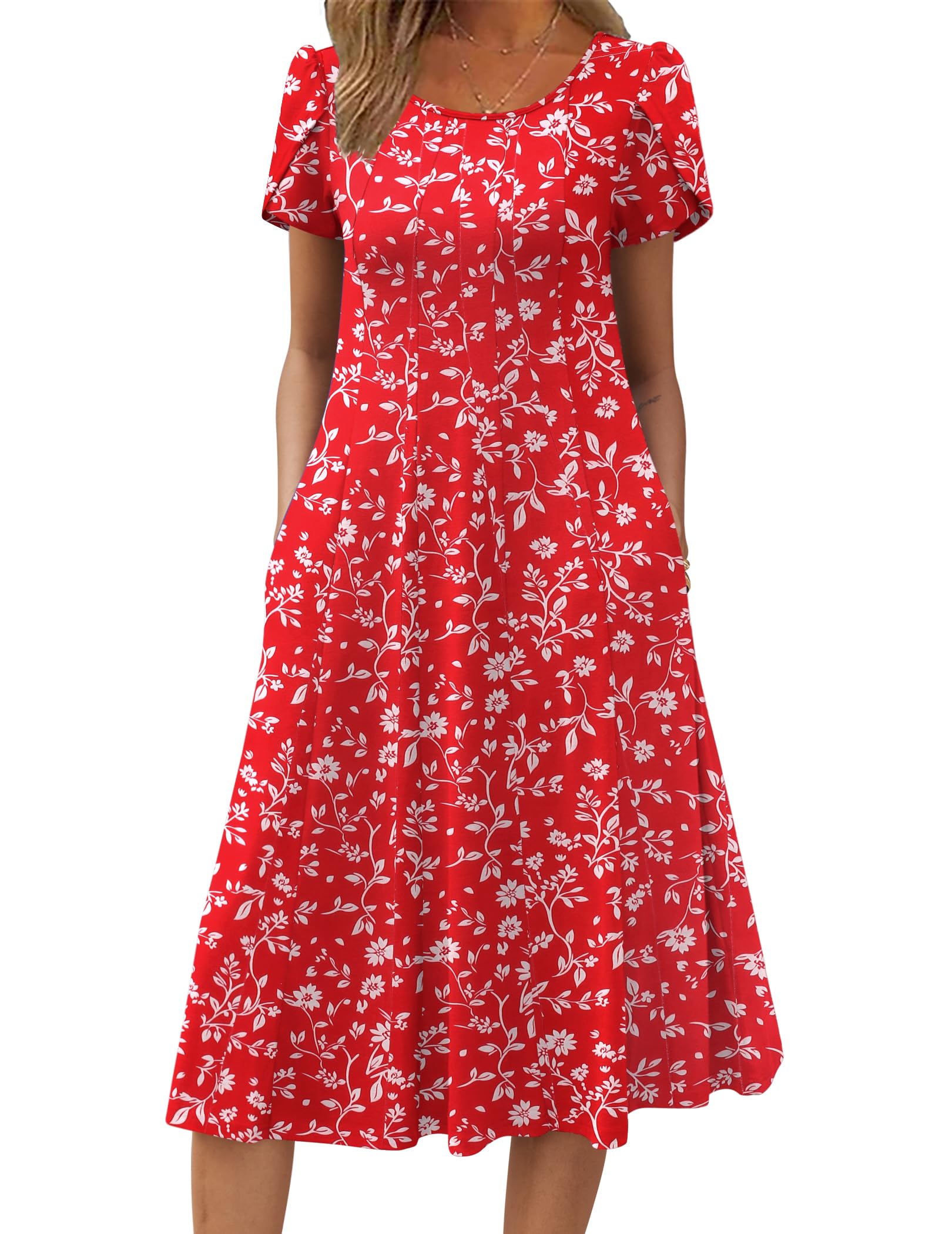 Wella Robe Femme – Rochie de vară cu guler rotund, mâneci scurte, croială evazată midi și buzunare