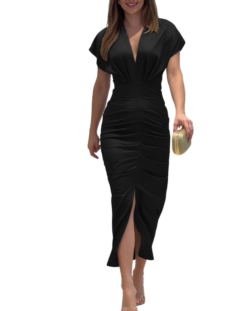 Γυναικείο Ρόμπα Chinee – Βαθύ V Λαιμόκοψη, Midi Bodycon Κοψίματος με Ρυτίδωση & Κομψή Σχίσιμο