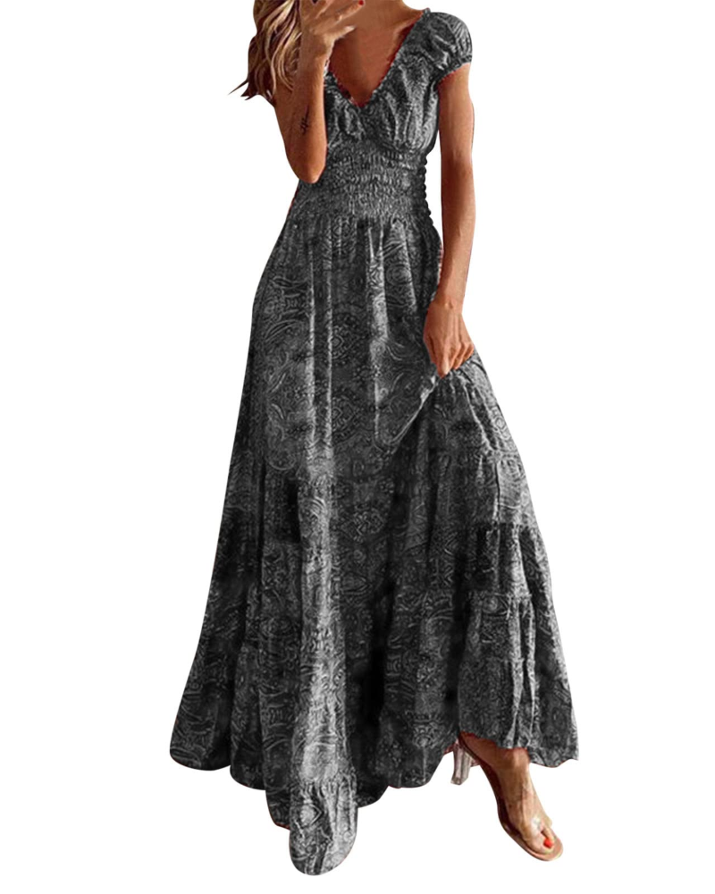 Cecilia Robe Longue Femme – Robe Bohème Fleurie Col V Sans Manches Taille Fluide Élégante Été