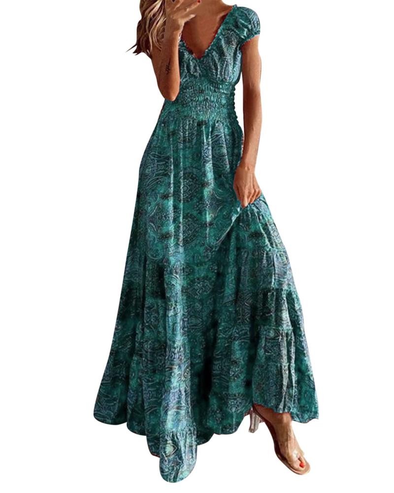 Cecilia Robe Longue Femme – Robe Bohème Fleurie Col V Sans Manches Taille Fluide Élégante Été