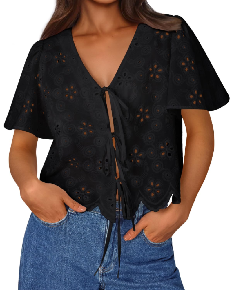 Liora Top Femme Été – Boemska pamučna bluza s engleskom vezom i mašnom, šik stil za plažu
