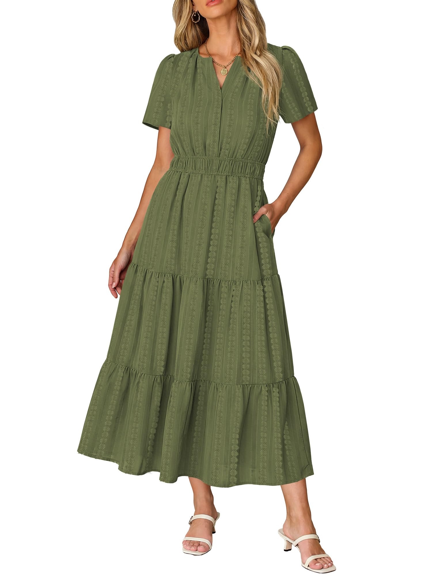 Ruma Damesjurk – V-hals, Korte Mouwen, A-lijn Maxi & Elastische Taille met Zakjes