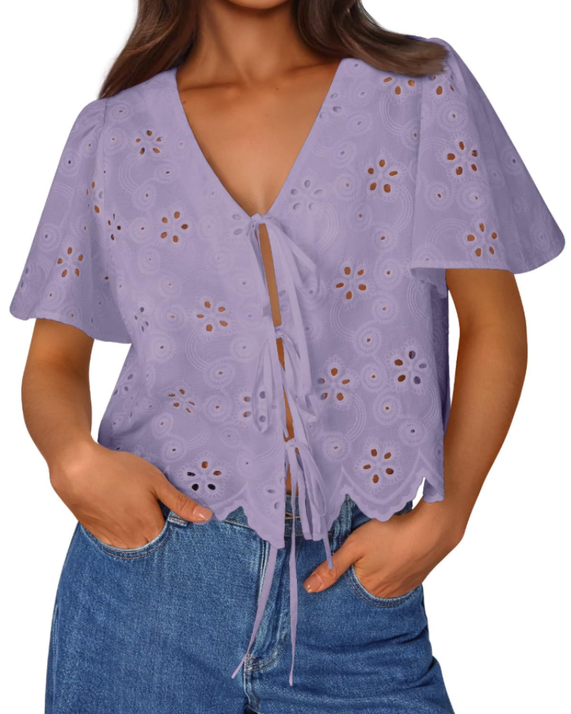 Liora Top Femme Été – Boemska pamučna bluza s engleskom vezom i mašnom, šik stil za plažu