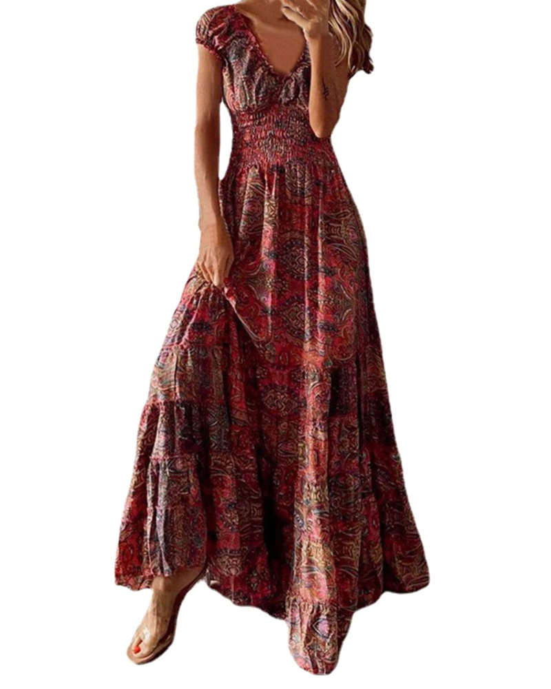Cecilia Robe Longue Femme – Robe Bohème Fleurie Col V Sans Manches Taille Fluide Élégante Été