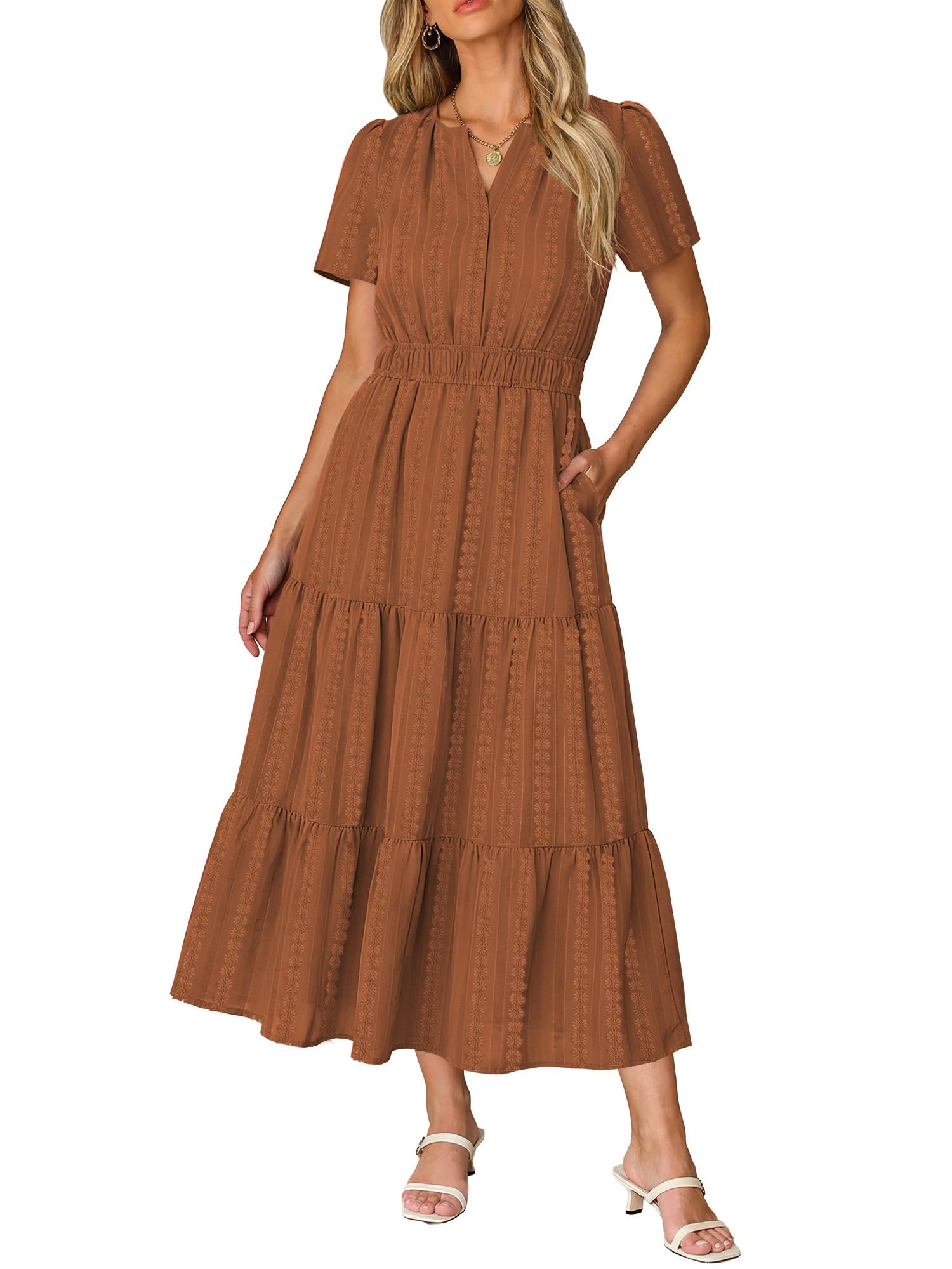Ruma Damesjurk – V-hals, Korte Mouwen, A-lijn Maxi & Elastische Taille met Zakjes