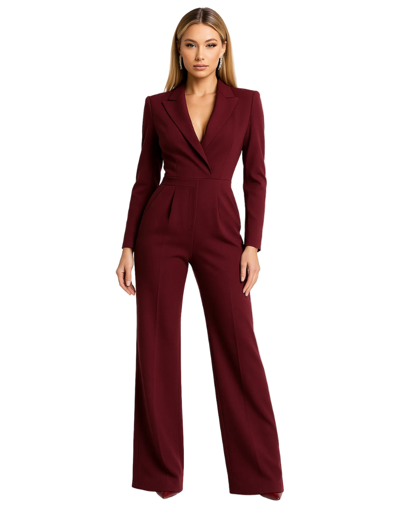 Eleyna Combinaison Femme Style Blazer – Col V Profond, Jambes Larges & Coupe Élégante