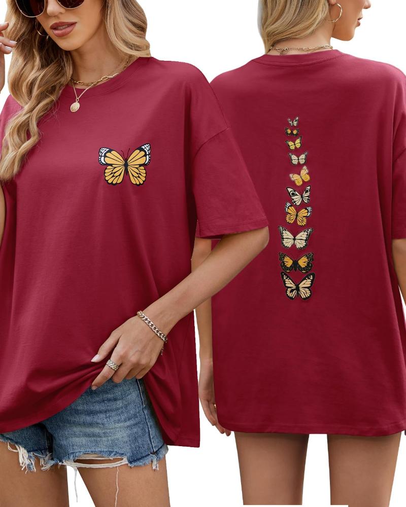 Dámske oversize tričko Sloane – vintage bavlnené tričko s potlačou motýľa a voľným strihom