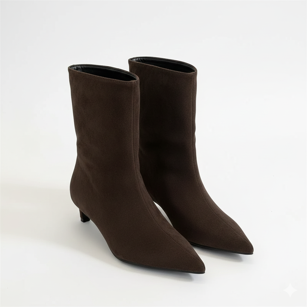Cindella Botins Femininos em Camurça – Biqueira Apontada, Salto Fino e Elegância Intemporal