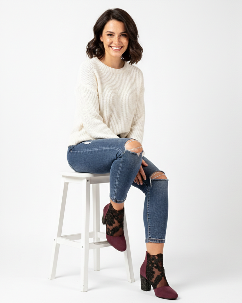 Chelsea Sapatos Femininos em Malha – Sapatos Elegantes com Padrão Floral e Salto