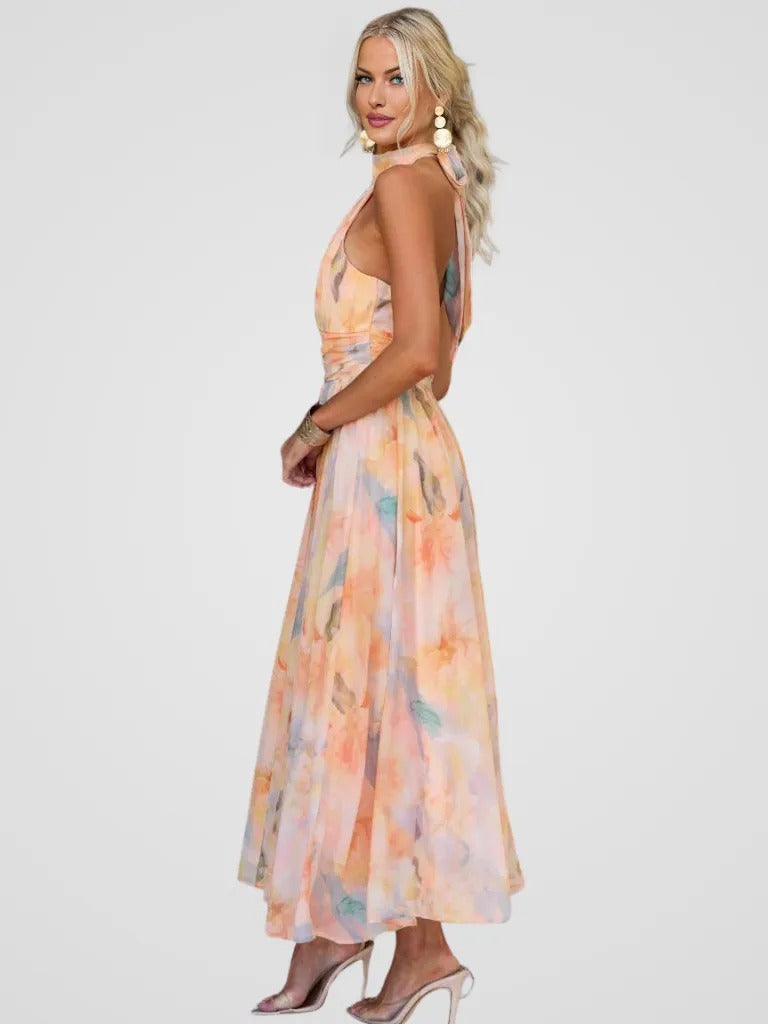 Dámske letné šaty Amarah – šifónové šaty s halter výstrihom, broskyňový potlač, voľný a elegantný strih