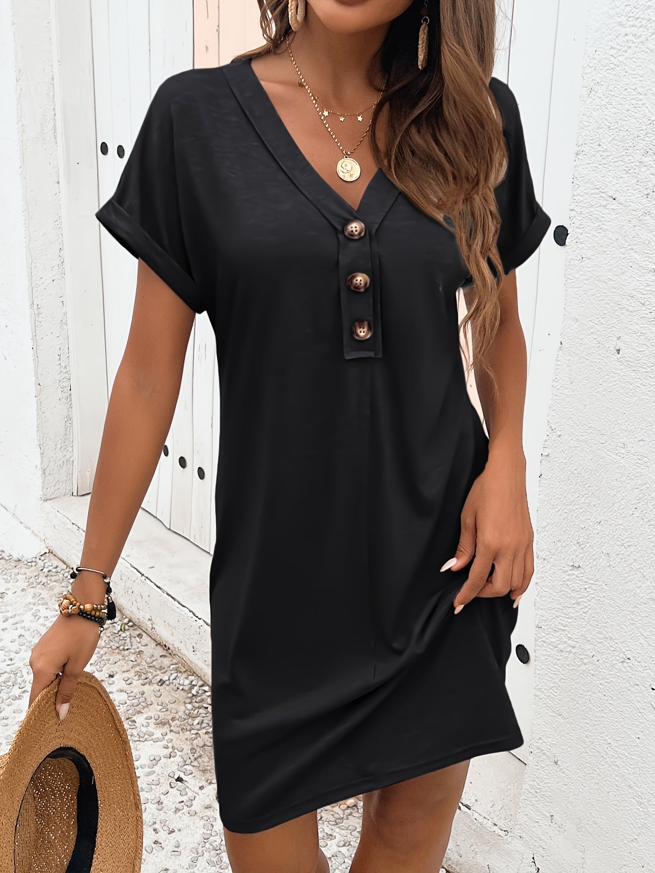 Solessa Robe Mi-Longue Femme – Robe d’Été Légère à Boutons & Coupe Fluide Élégante