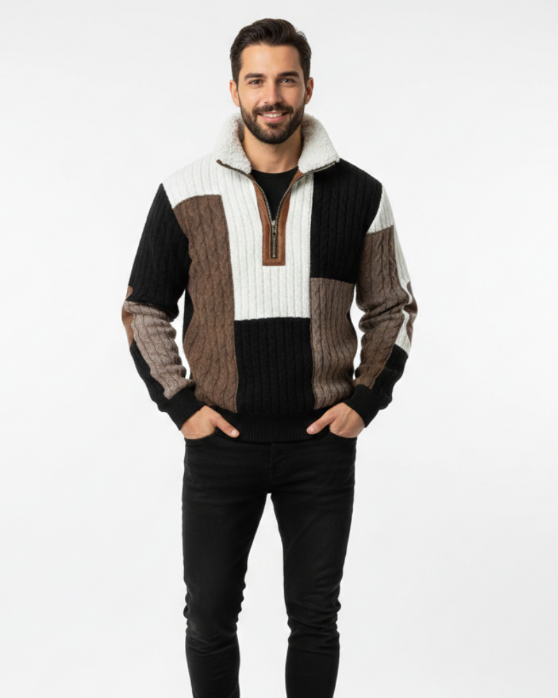 Quade Herretrøye med Dobbelt Krage – Isolerende Strikk, Varig Komfort og Ren Stil