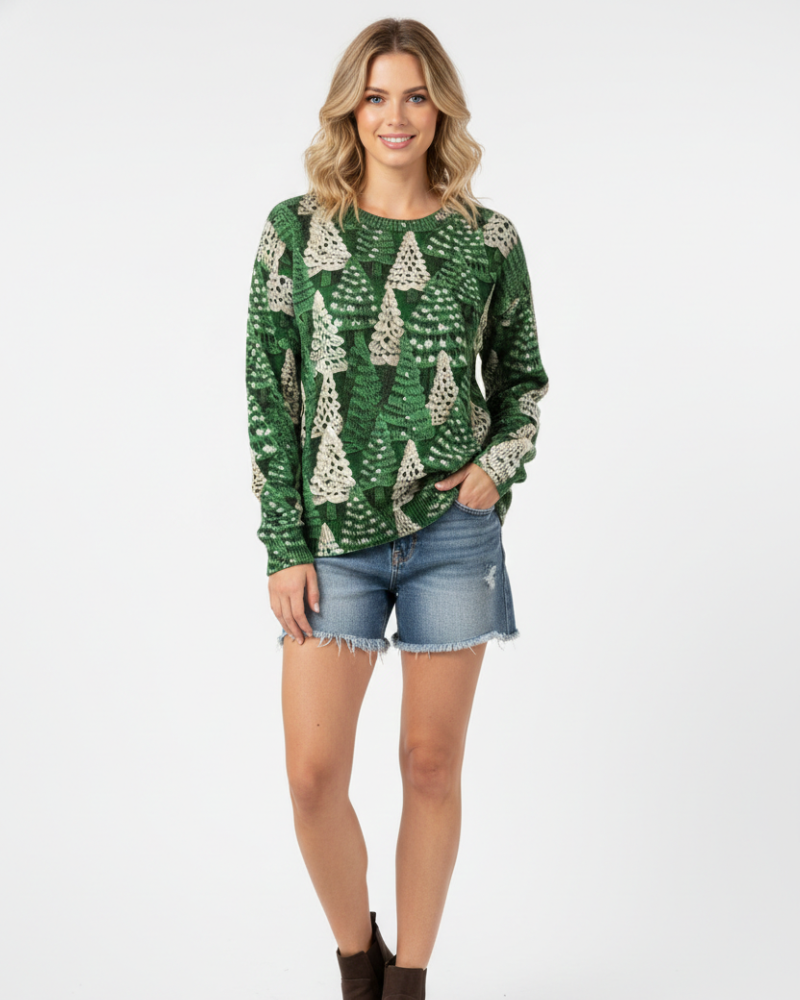 Sweter świąteczny damski Linel – świąteczny sweter z okrągłym dekoltem, wzór choinek i długie rękawy