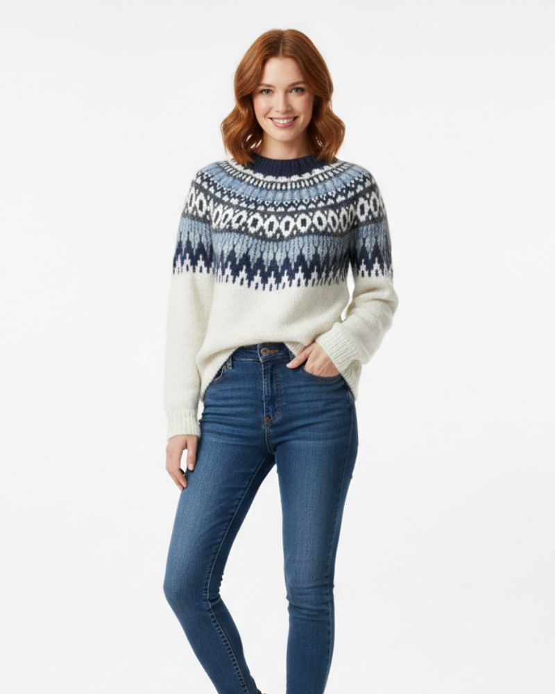 Sweter damski Georgia dziany – zimowy sweter z nordyckim wzorem Fair Isle i luźnym krojem