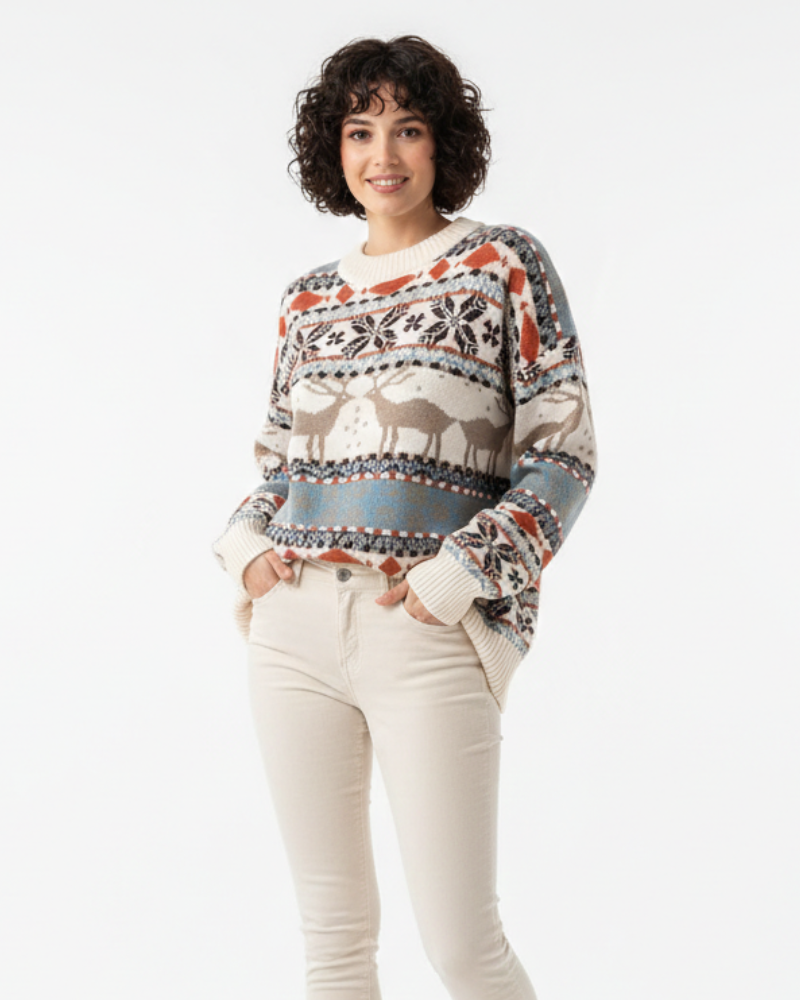 Lydia Pull de Noël Femme – Tricot Hivernal Motif Renne & Flocons Coupe Confortable
