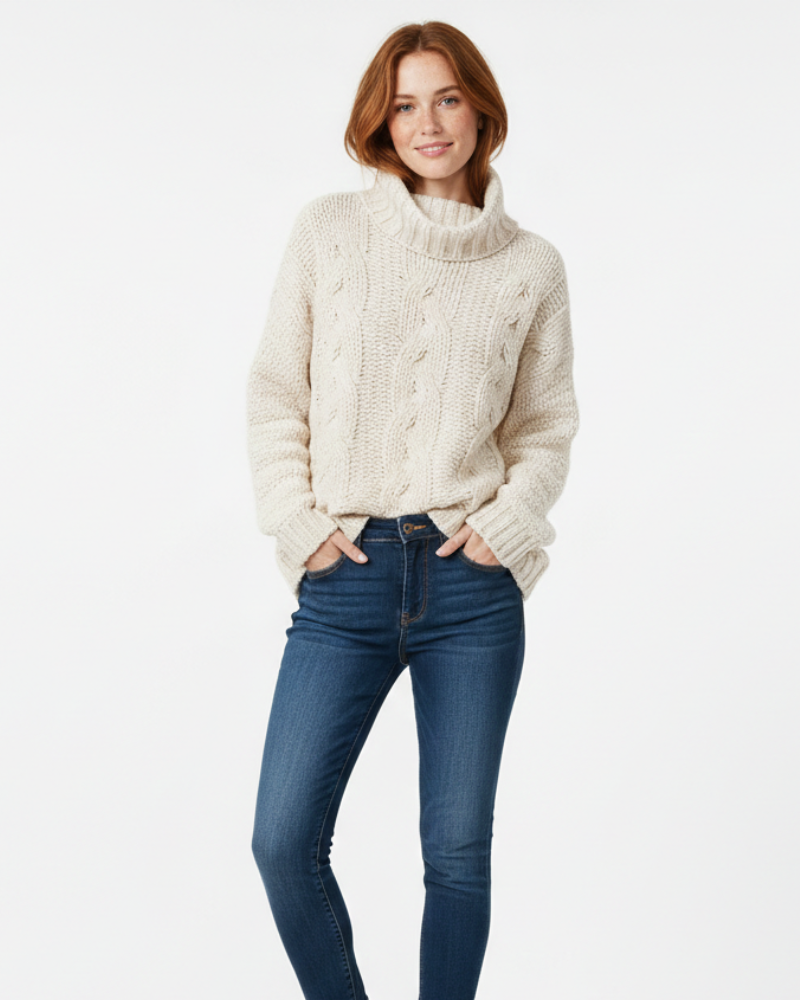 Gracey Suéter de Cuello Alto para Mujer – Tejido de Punto Trenzado Corte Amplio Elegante para el Invierno