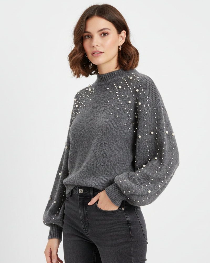 Valery Aureli Elegant Women's Sweater with Pearls – Soft Knit with Chic Balloon Sleeves Winter