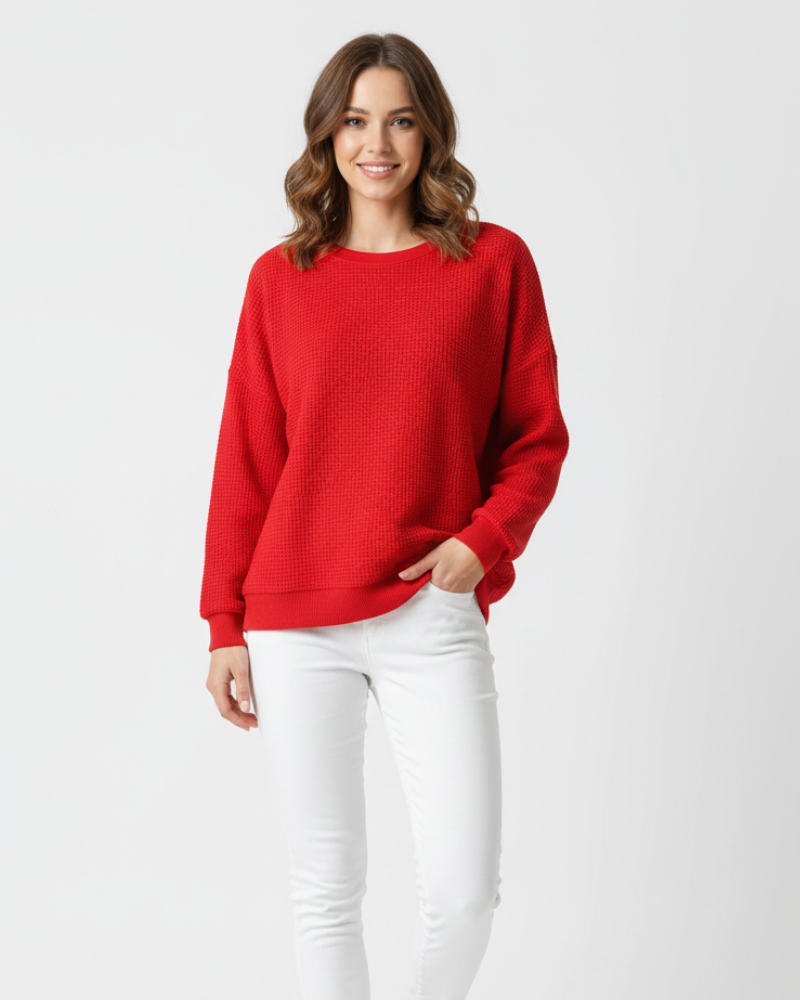 Dahlia Pull Femme Maille Waffle – Coupe Oversize, Coton Doux & Style Casual Confort