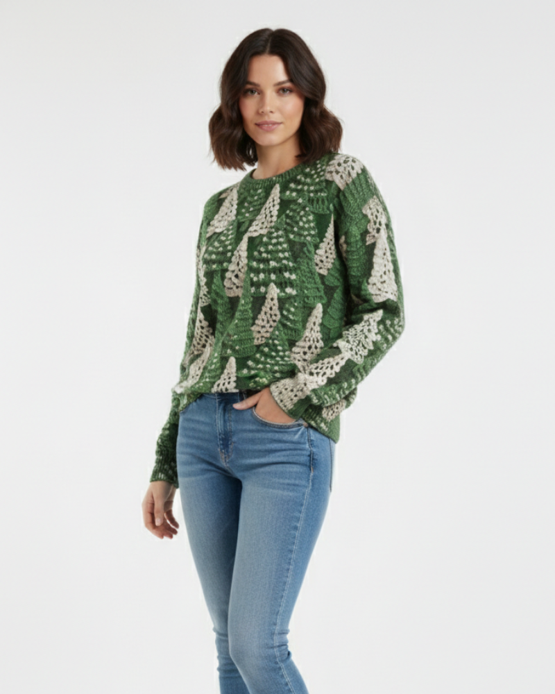 Holly Suéter de Navidad para Mujer – Tejido Suave con Cuello Redondo, Motivos de Árboles de Navidad y Mangas Largas