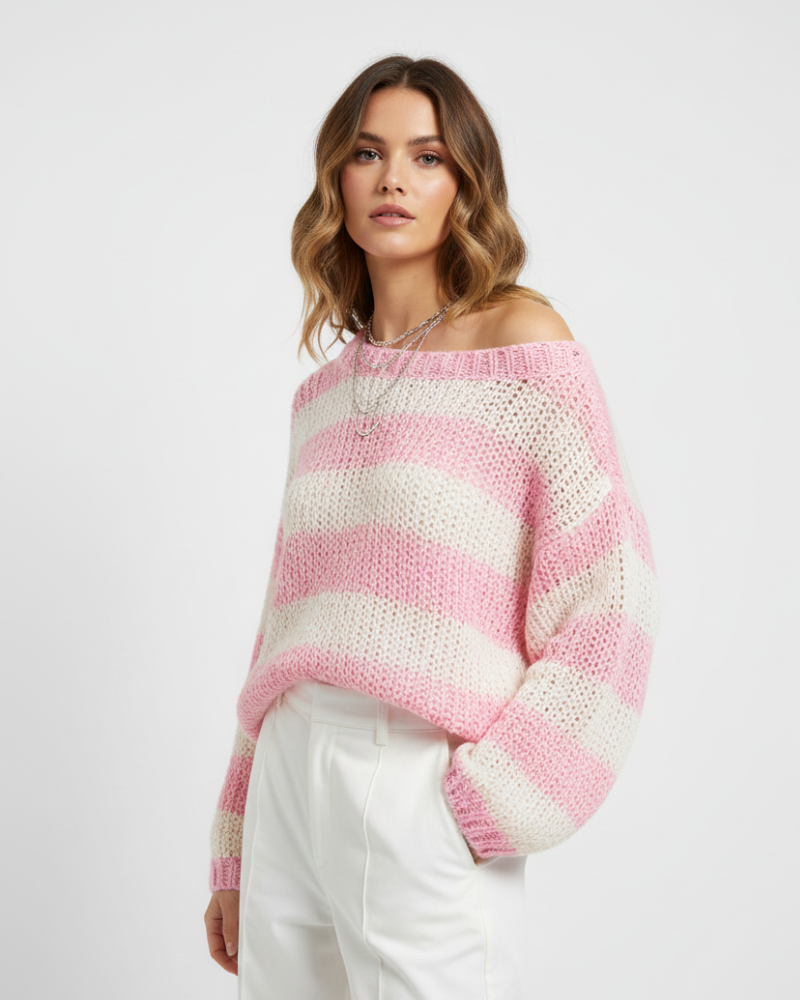 Tes sweter w paski oversize damski – miękki dzianinowy z luźnym krojem, okrągłym dekoltem i wygodnym stylem