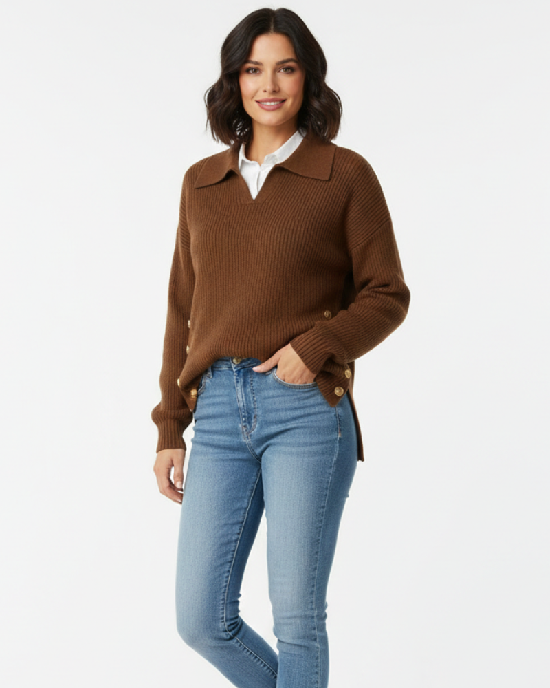 Anna Pull Femme Chic – Maille Douce Col V avec Col Chemise & Boutons Dorés