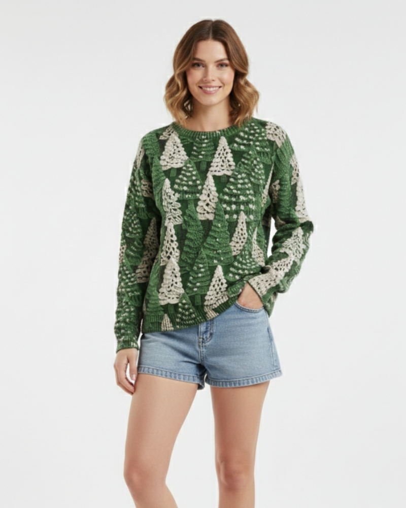 Holly Suéter de Navidad para Mujer – Tejido Suave con Cuello Redondo, Motivos de Árboles de Navidad y Mangas Largas