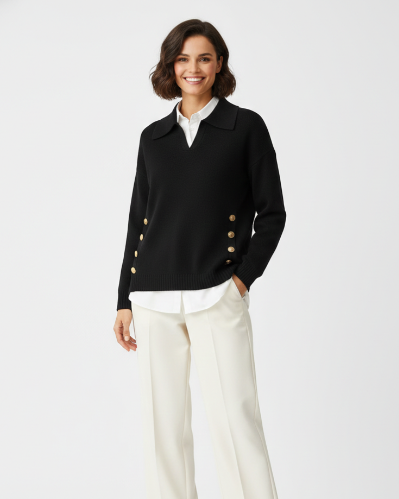 Anna Pull Femme Chic – Maille Douce Col V avec Col Chemise & Boutons Dorés