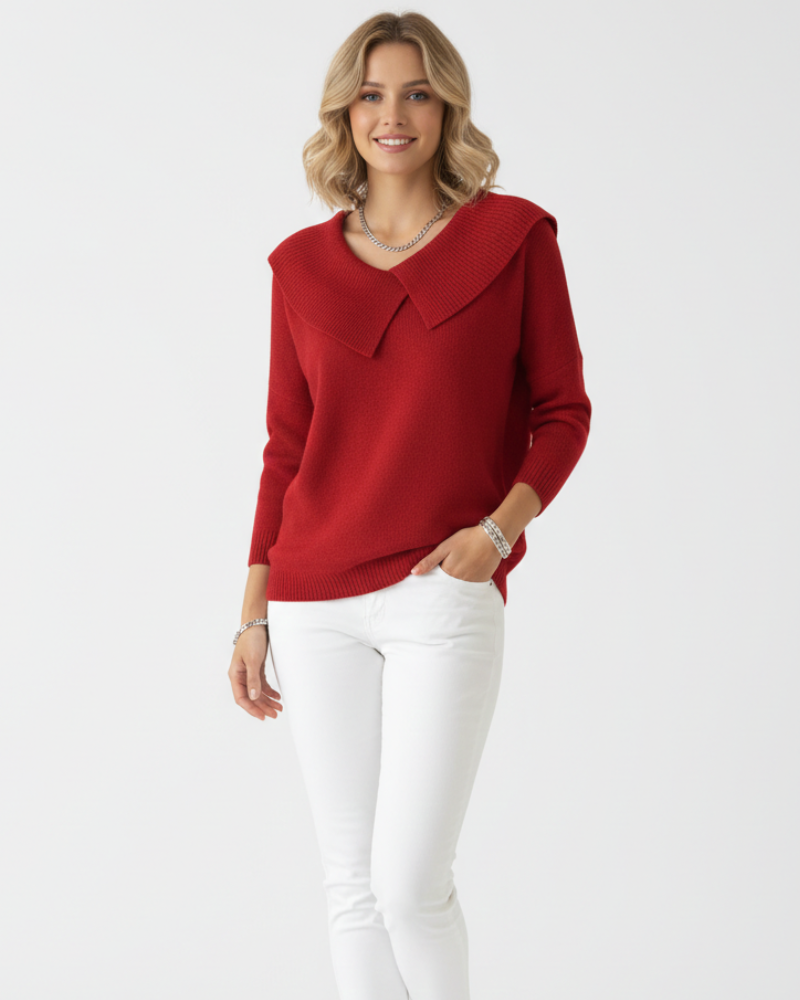 Alice Pull Femme Hiver en Laine Mélangée – Motif Festif & Col à Revers Élégant