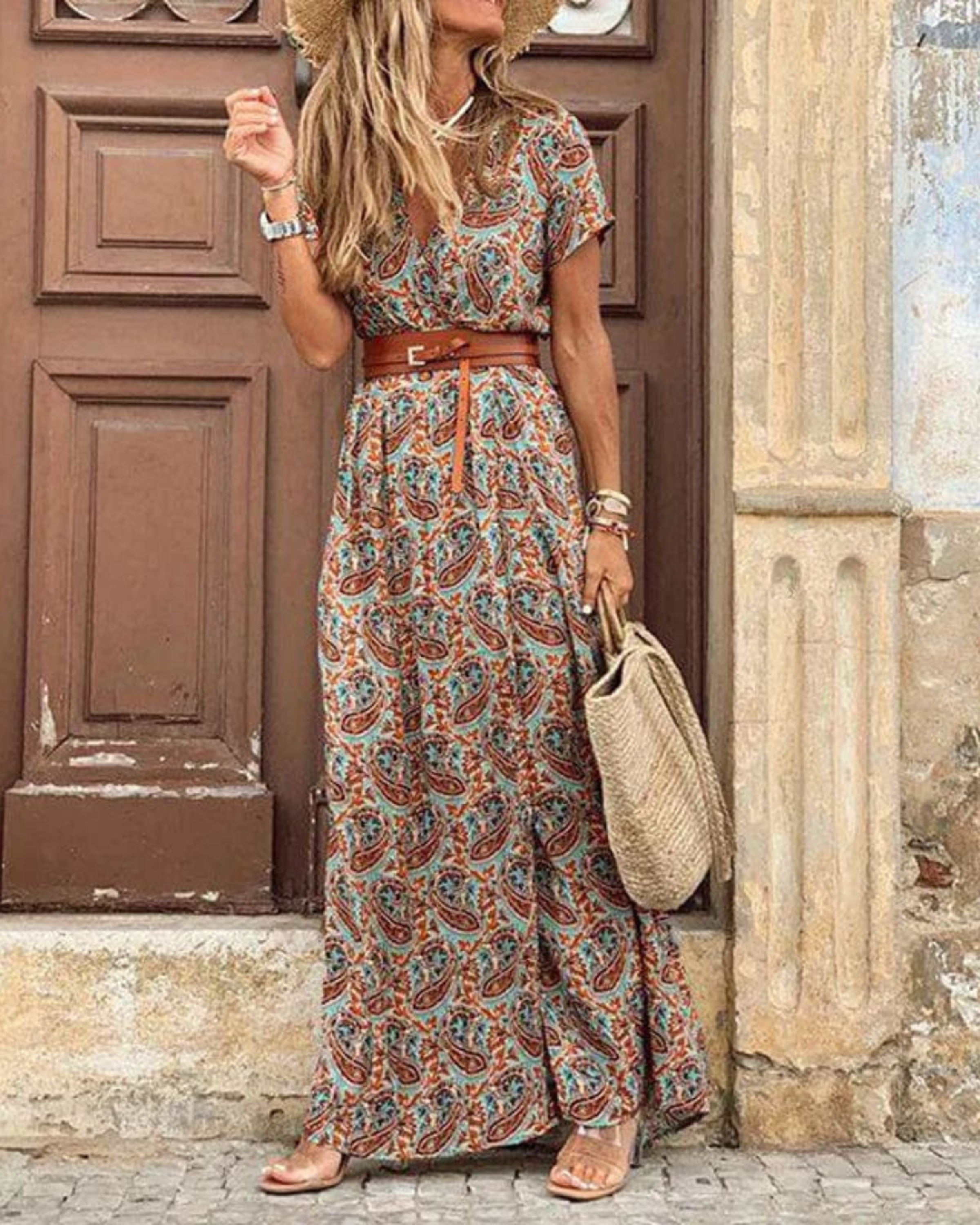 Robe Longue Femme Sanne – Robe Bohème d’Été avec Imprimé Ibiza, Col en V & Taille Élastique