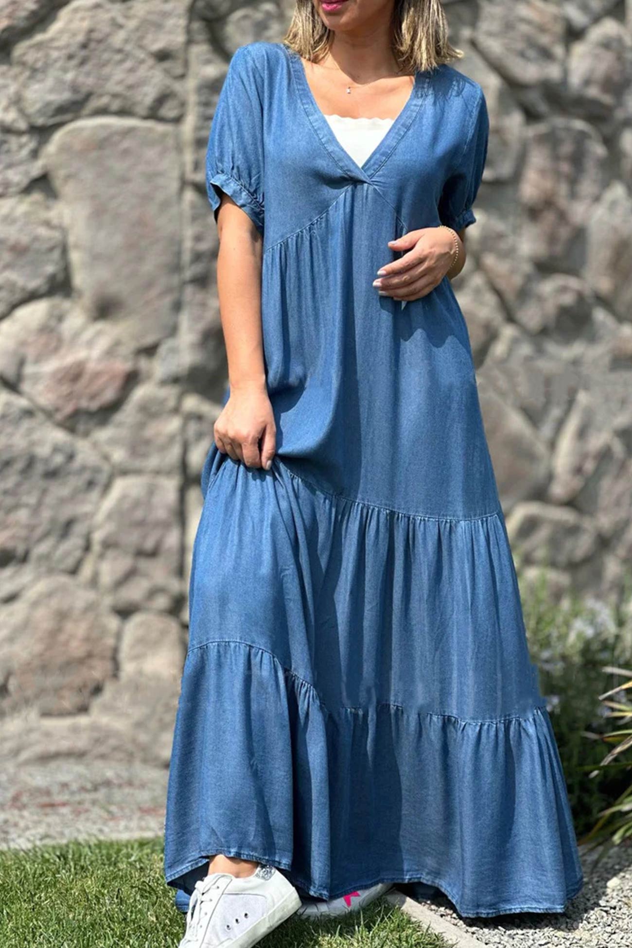 Robe d’Été Femme Via – Robe à Manches Courtes avec Col en V & Effet Superposé en Jean